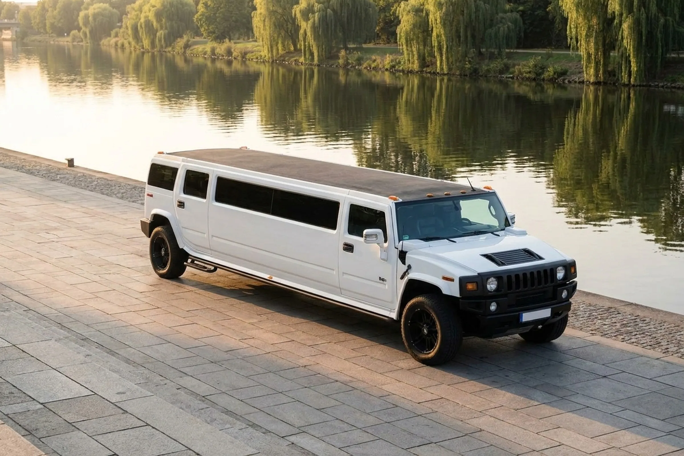 Hummer Stretchlimousine am Wasser in der Abendsonne (Hintergrund KI-generiert)