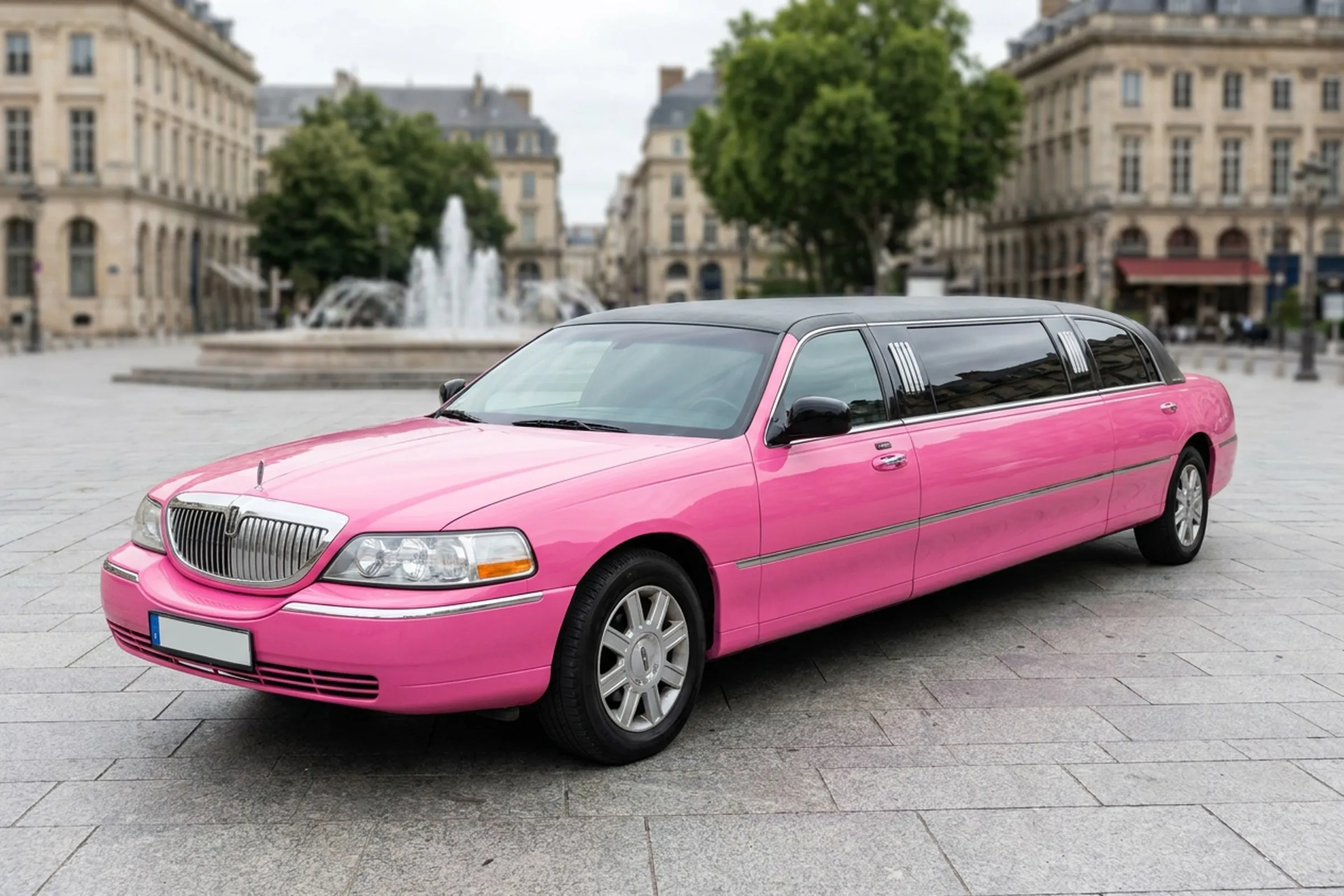 Lincoln Town Car Classic Stretchlimousine (pink) (Hintergrund KI-generiert)